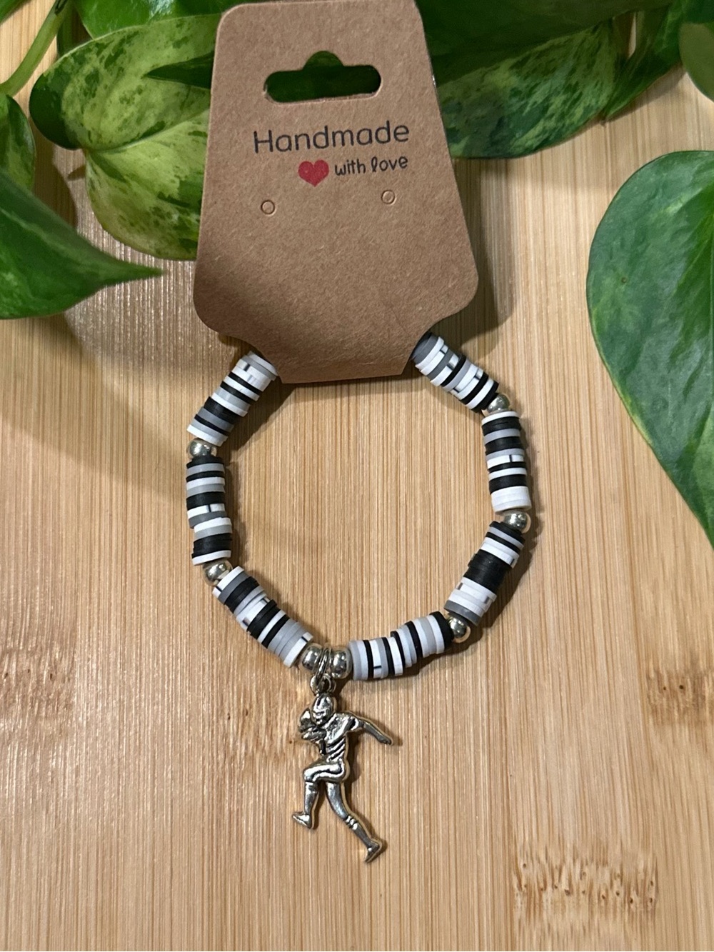 🏈✨ Football Stretchy Beaded Bracelet | Handmade | Silver Football Dangle Charm